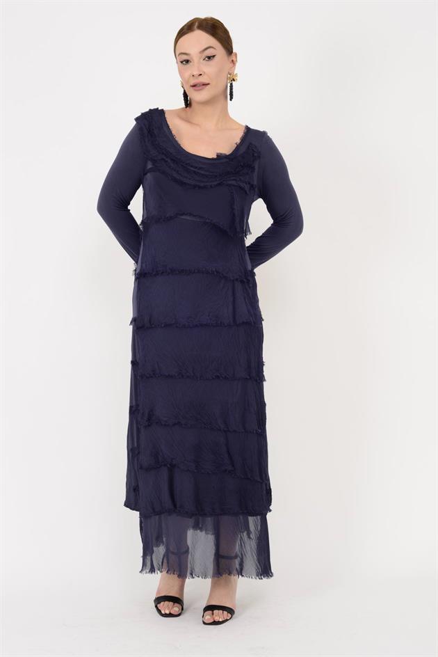 2078 UZUN KOLLU KAT KAT İPEK ELBİSE