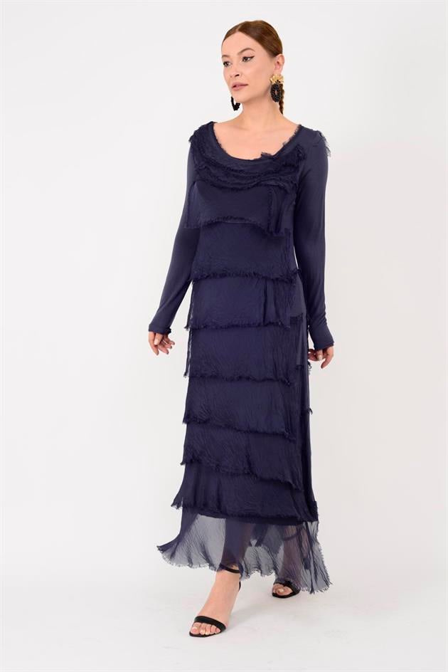 2078 UZUN KOLLU KAT KAT İPEK ELBİSE