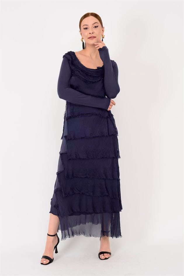 2078 UZUN KOLLU KAT KAT İPEK ELBİSE