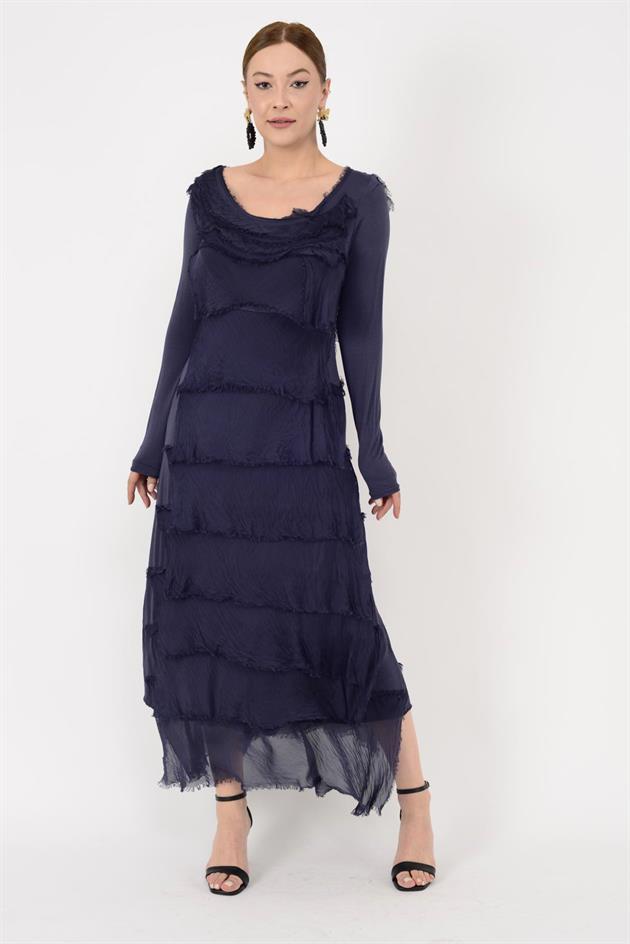 2078 UZUN KOLLU KAT KAT İPEK ELBİSE