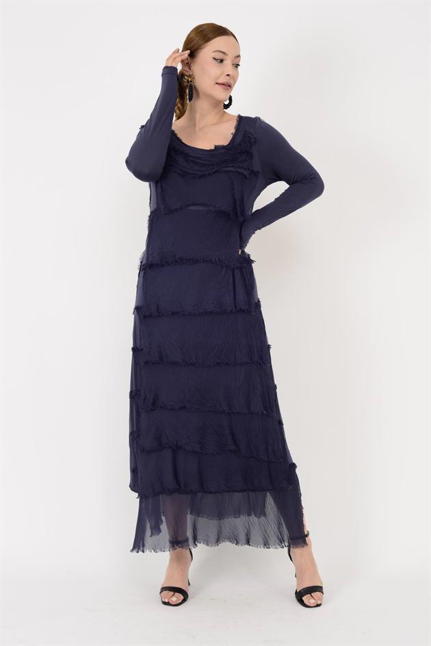 2078 UZUN KOLLU KAT KAT İPEK ELBİSE