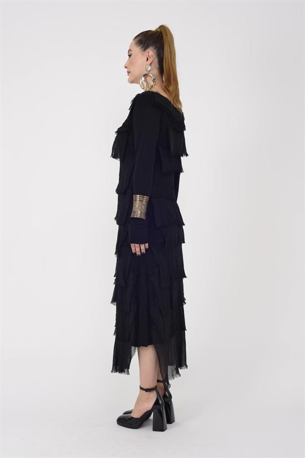 2078 UZUN KOLLU KAT KAT İPEK ELBİSE