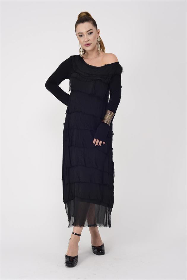 2078 UZUN KOLLU KAT KAT İPEK ELBİSE