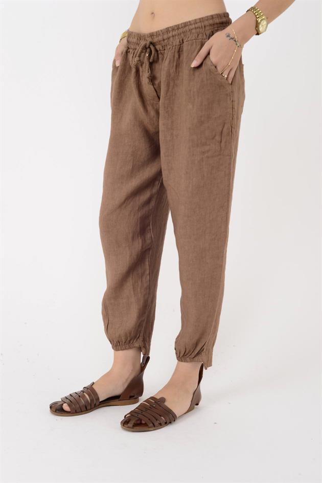20836 PAÇASI LASTİK DETAYLI HAVUÇ KETEN PANTOLON