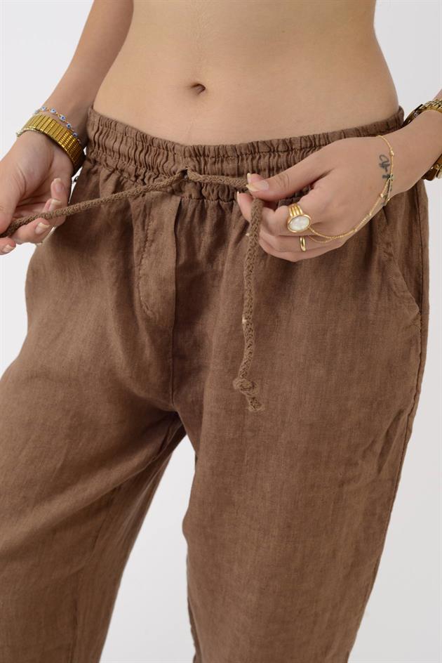20836 PAÇASI LASTİK DETAYLI HAVUÇ KETEN PANTOLON