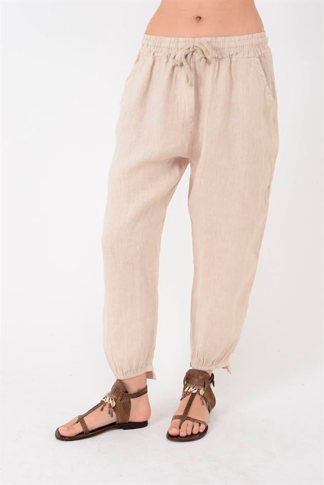 20836 PAÇASI LASTİK DETAYLI HAVUÇ KETEN PANTOLON