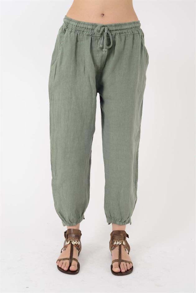 20836 PAÇASI LASTİK DETAYLI HAVUÇ KETEN PANTOLON