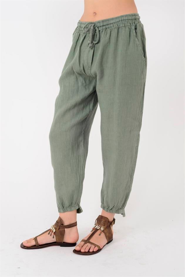 20836 PAÇASI LASTİK DETAYLI HAVUÇ KETEN PANTOLON