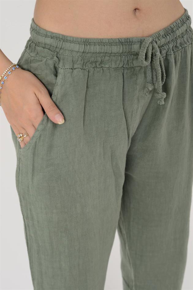 20836 PAÇASI LASTİK DETAYLI HAVUÇ KETEN PANTOLON