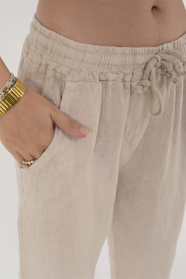 20836 PAÇASI LASTİK DETAYLI HAVUÇ KETEN PANTOLON