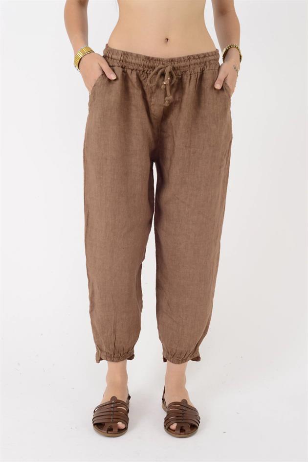 20836 PAÇASI LASTİK DETAYLI HAVUÇ KETEN PANTOLON