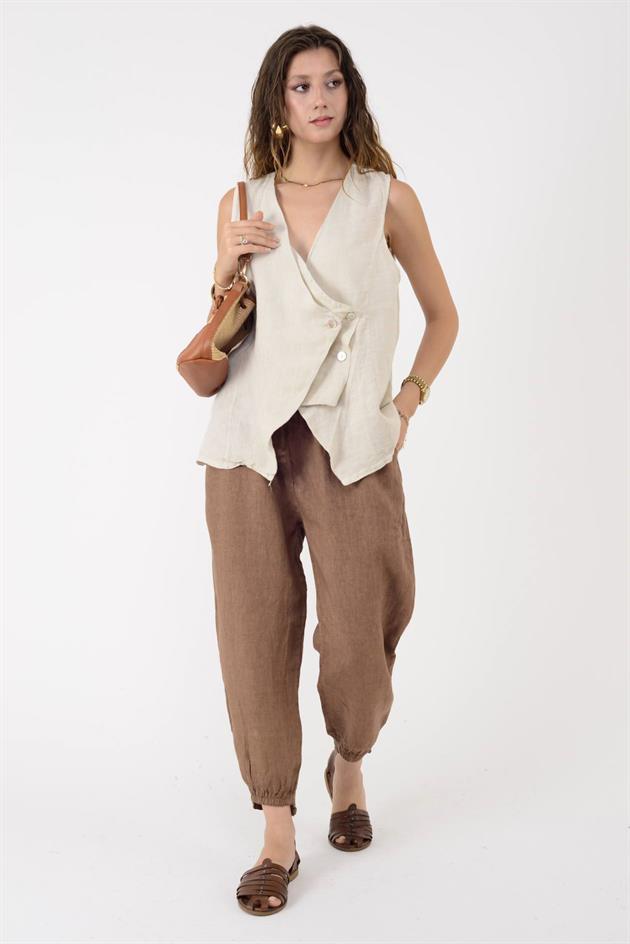 20836 PAÇASI LASTİK DETAYLI HAVUÇ KETEN PANTOLON