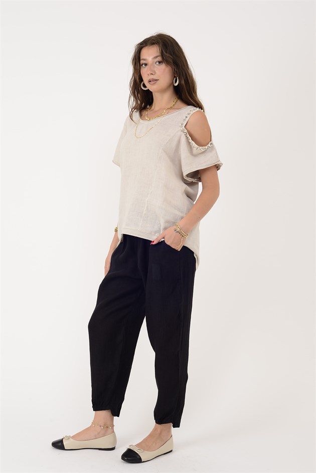 20836 PAÇASI LASTİK DETAYLI JOGGER KETEN PANTOLON