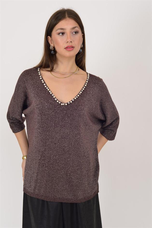 21130 İNCİ İŞLEMELİ V YAKA SİMLİ TRİKO