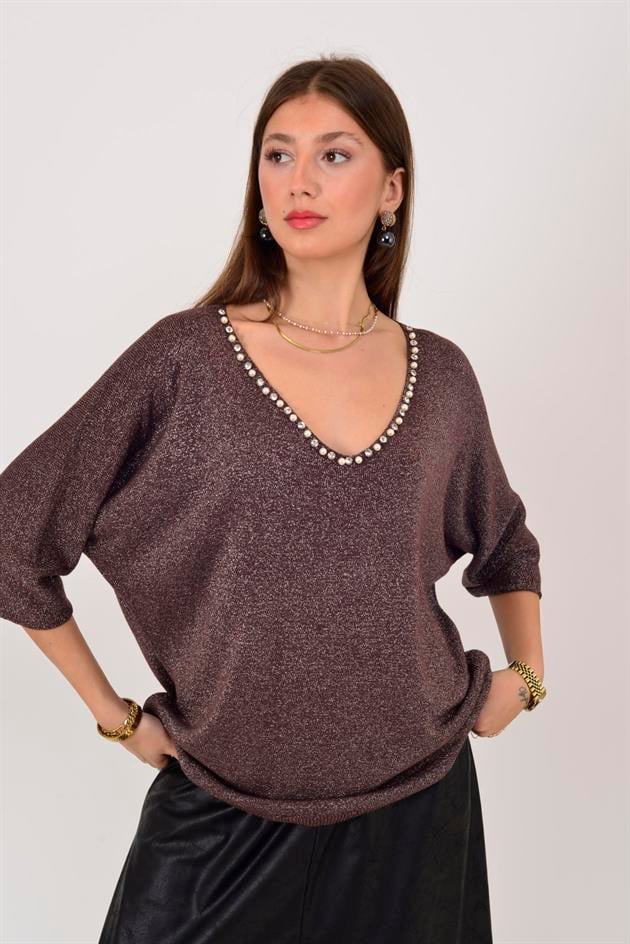 21130 İNCİ İŞLEMELİ V YAKA SİMLİ TRİKO
