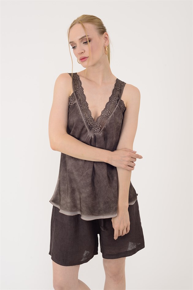 21336 V YAKA ASKILI DANTELLİ BLUZ