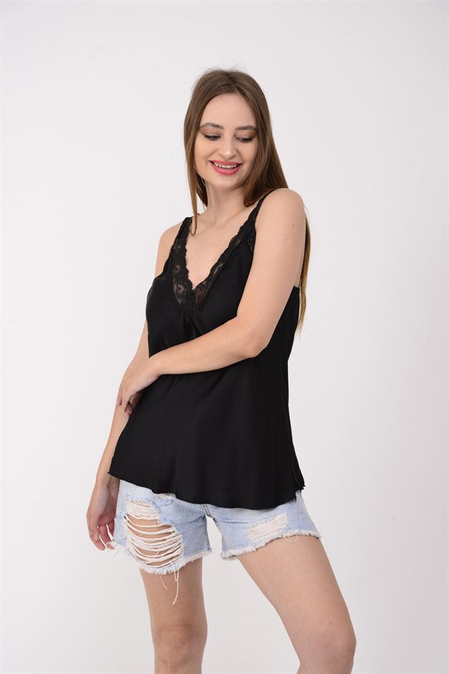 21336 KALIN ASKILI DANTELLİ SATEN BLUZ