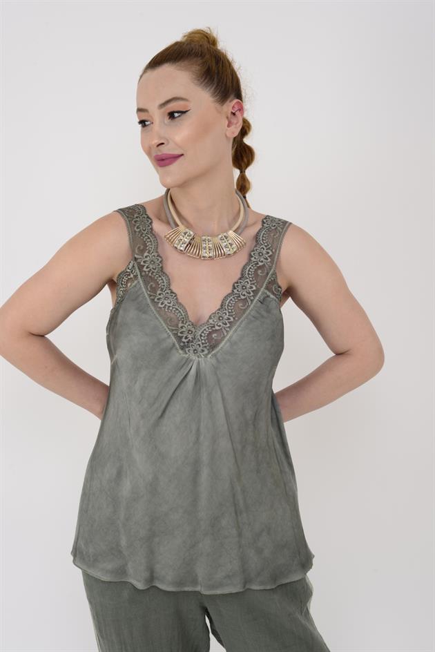 21336 KALIN ASKILI DANTELLİ SATEN BLUZ