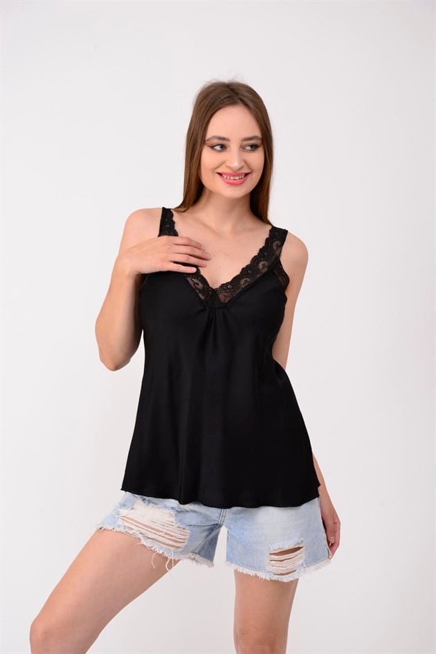 21336 KALIN ASKILI DANTELLİ SATEN BLUZ