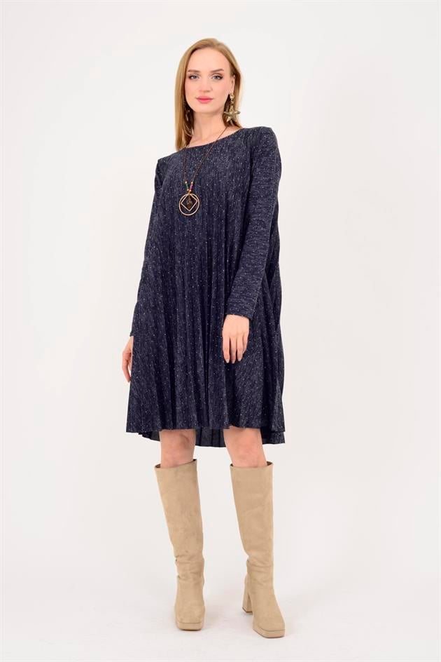 21419 TAŞ DETAYLI MİDİ BOY PİLELİ ELBİSE