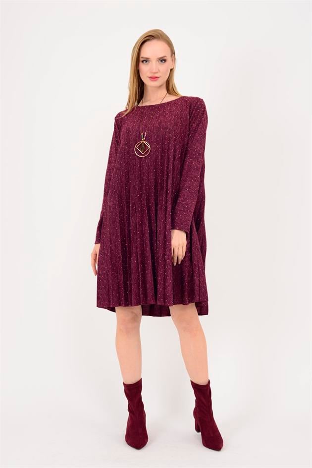 21419 TAŞ DETAYLI MİDİ BOY PİLELİ ELBİSE