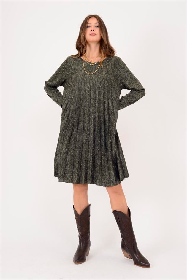 21419 TAŞ DETAYLI MİDİ BOY PİLELİ ELBİSE