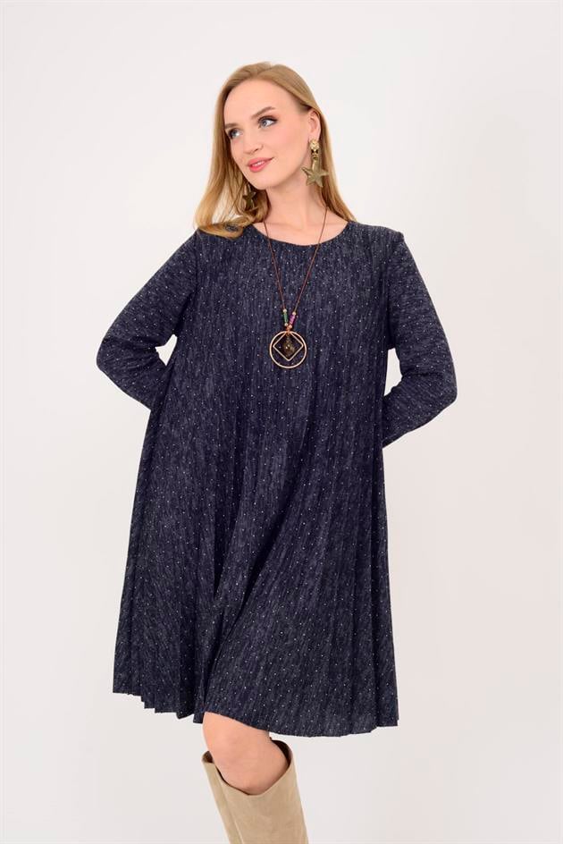 21419 TAŞ DETAYLI MİDİ BOY PİLELİ ELBİSE