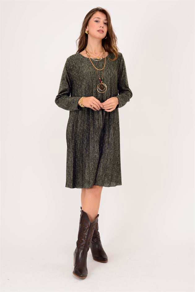 21419 TAŞ DETAYLI MİDİ BOY PİLELİ ELBİSE