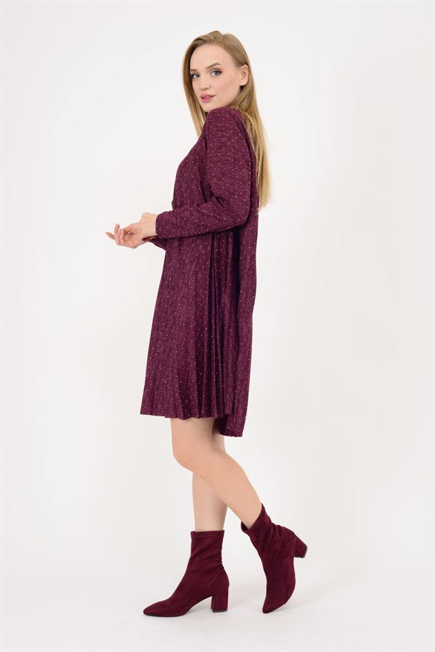 21419 TAŞ DETAYLI MİDİ BOY PİLELİ ELBİSE