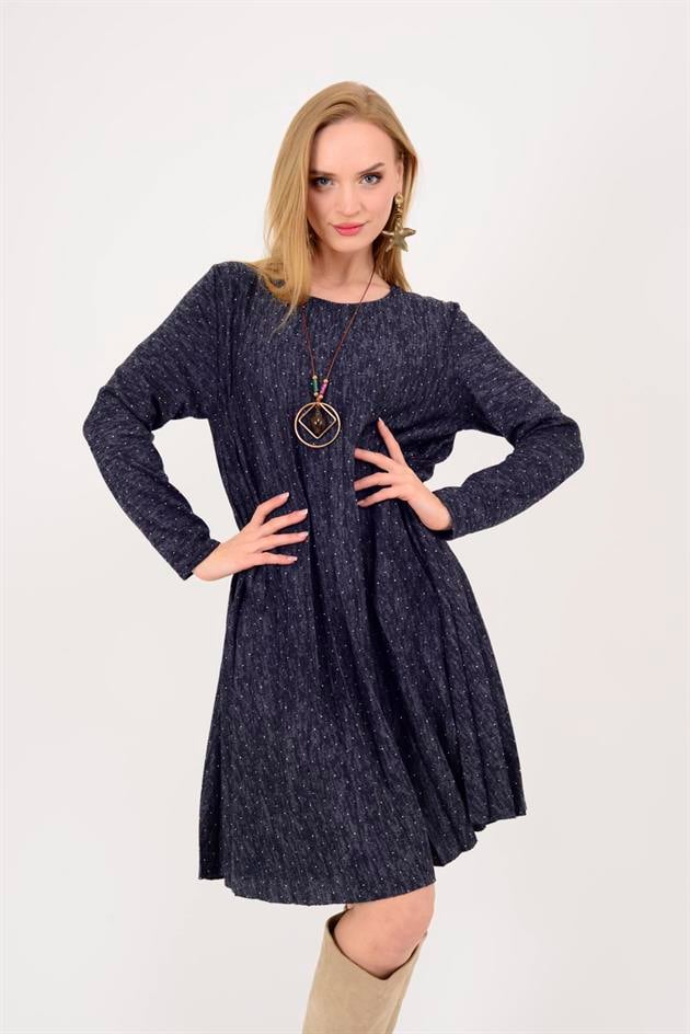 21419 TAŞ DETAYLI MİDİ BOY PİLELİ ELBİSE