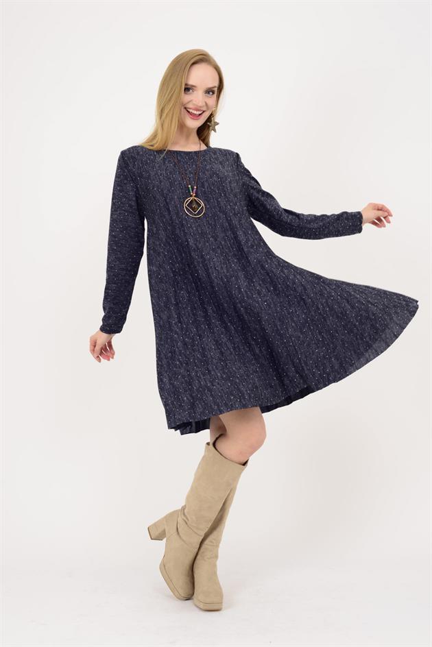 21419 TAŞ DETAYLI MİDİ BOY PİLELİ ELBİSE