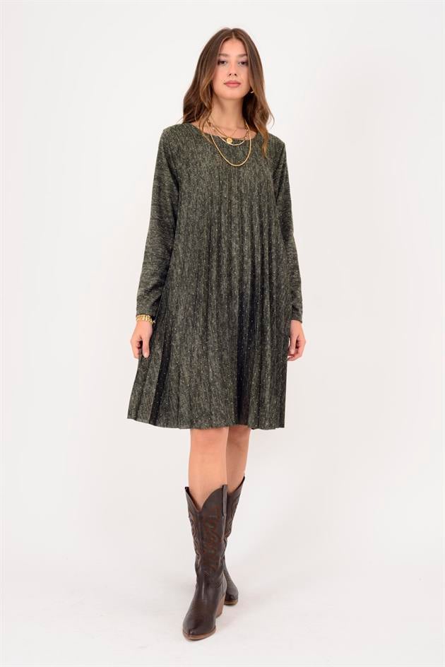 21419 TAŞ DETAYLI MİDİ BOY PİLELİ ELBİSE