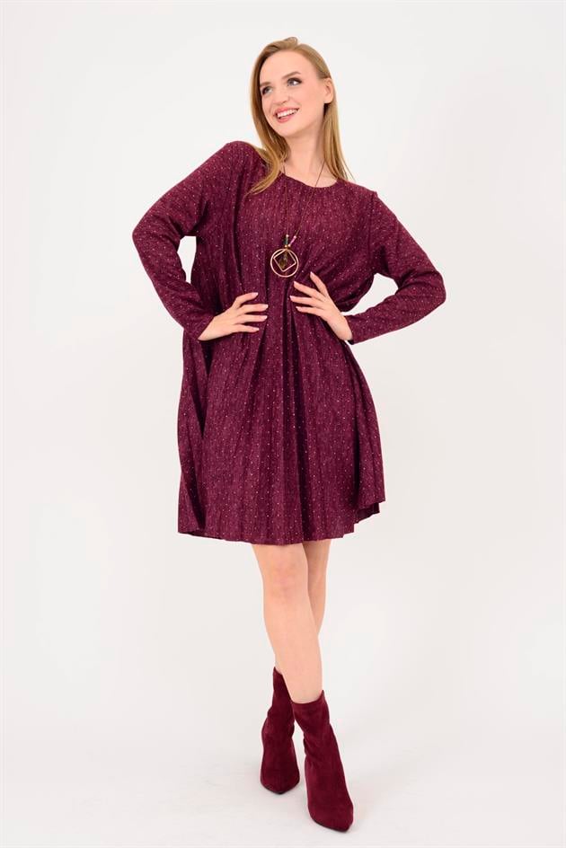 21419 TAŞ DETAYLI MİDİ BOY PİLELİ ELBİSE