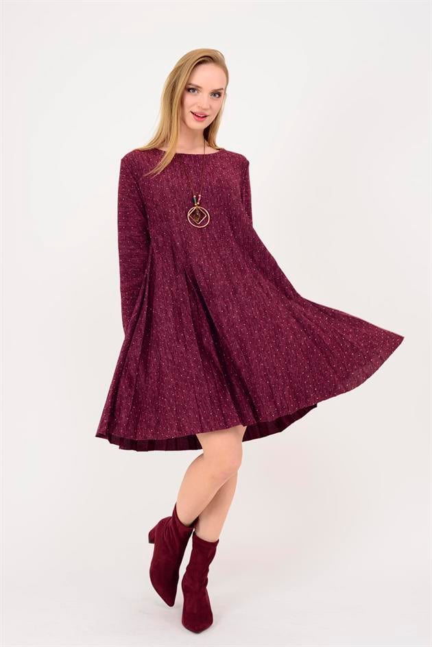 21419 TAŞ DETAYLI MİDİ BOY PİLELİ ELBİSE