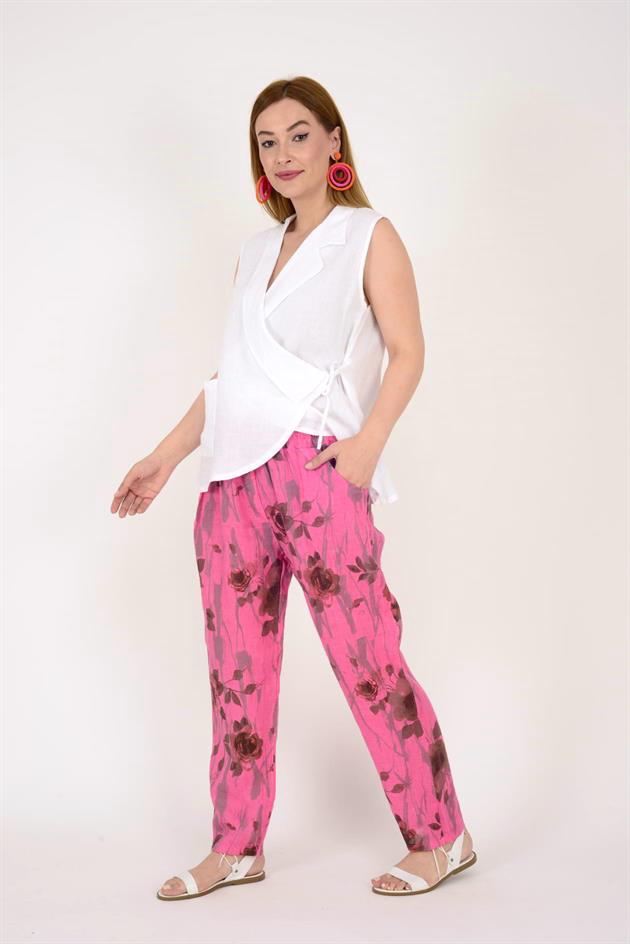 21451 SPRING ÇİÇEK DESENLİ KETEN PANTOLON
