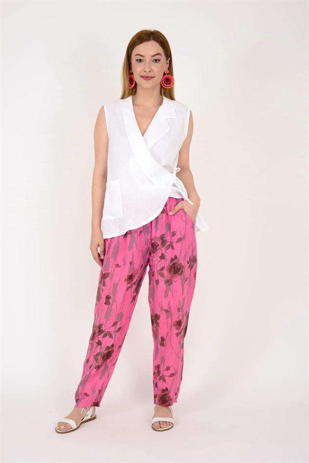 21451 SPRING ÇİÇEK DESENLİ KETEN PANTOLON