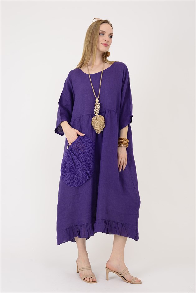 21993 LOVA AJUR CEP DETAYLI KETEN ELBİSE