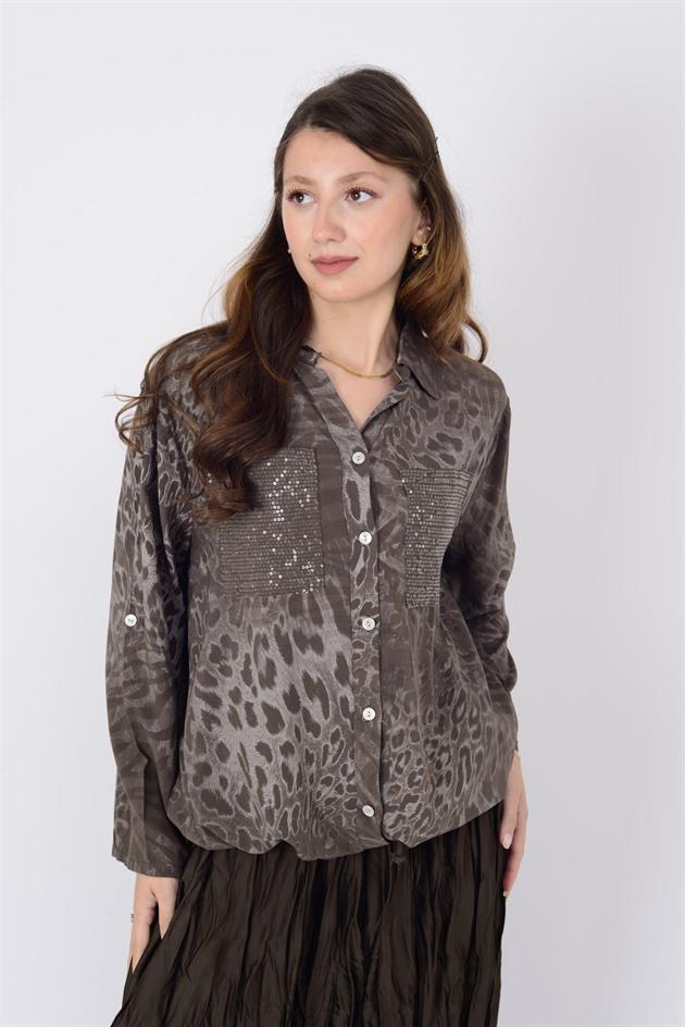 22007-1 LEOPAR DESEN İP DETAYLI PAYETLİ GÖMLEK