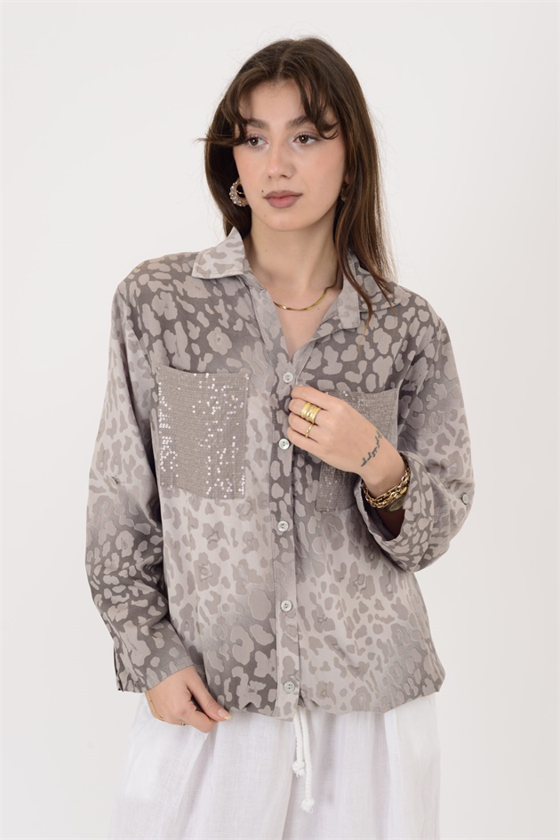 22007-1 LEOPAR DESEN İP DETAYLI PAYETLİ GÖMLEK
