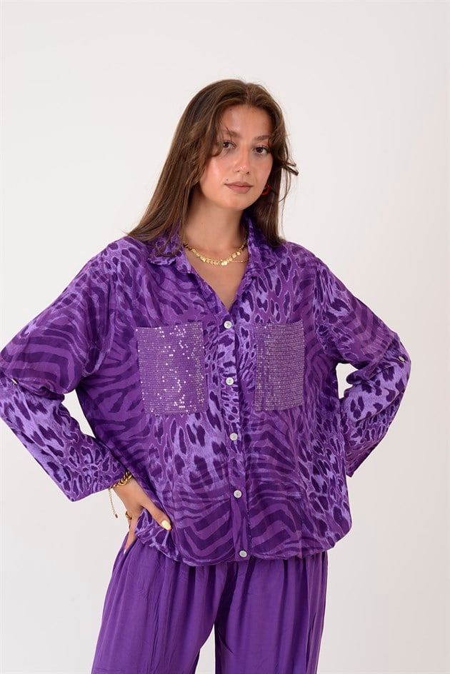 22007-1 LEOPAR DESEN İP DETAYLI PAYETLİ GÖMLEK