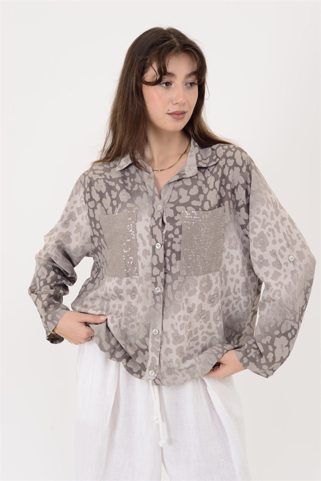 22007-1 LEOPAR DESEN İP DETAYLI PAYETLİ GÖMLEK