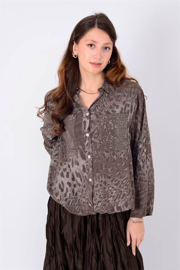 22007-1 LEOPAR DESEN İP DETAYLI PAYETLİ GÖMLEK