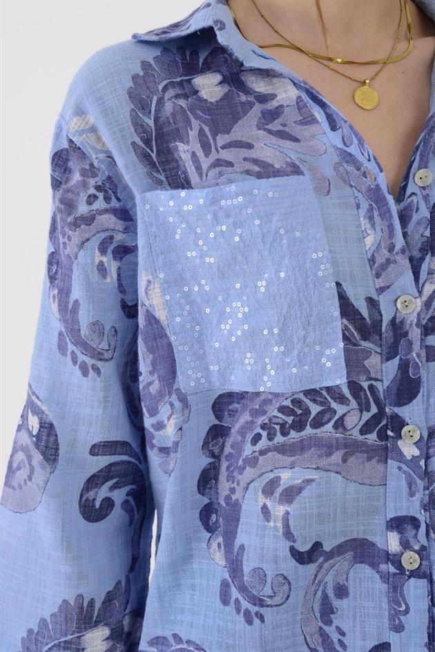 22007-10 BATİK ŞAL DESEN PAYET DETAYLI GÖMLEK