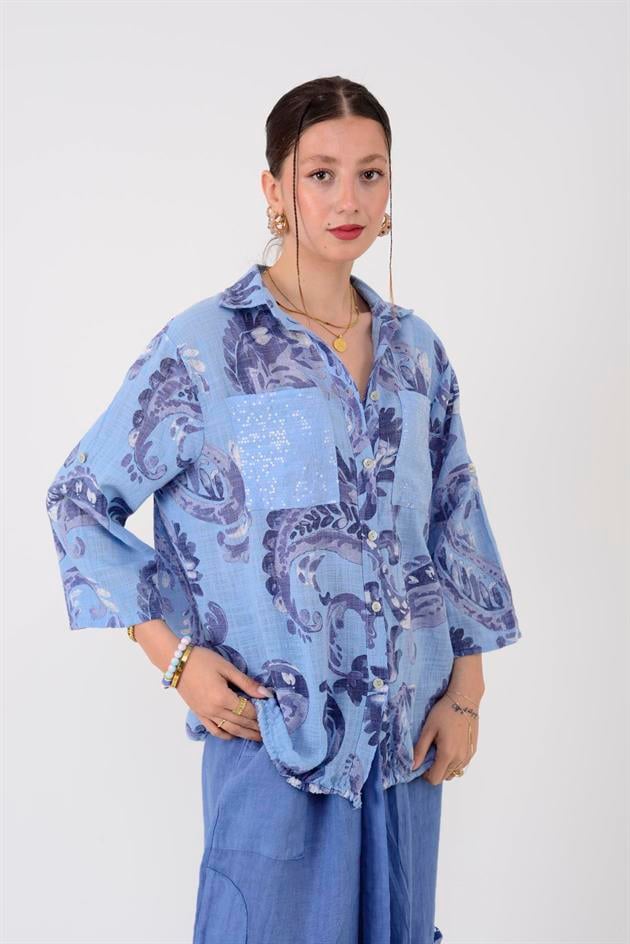 22007-10 BATİK ŞAL DESEN PAYET DETAYLI GÖMLEK