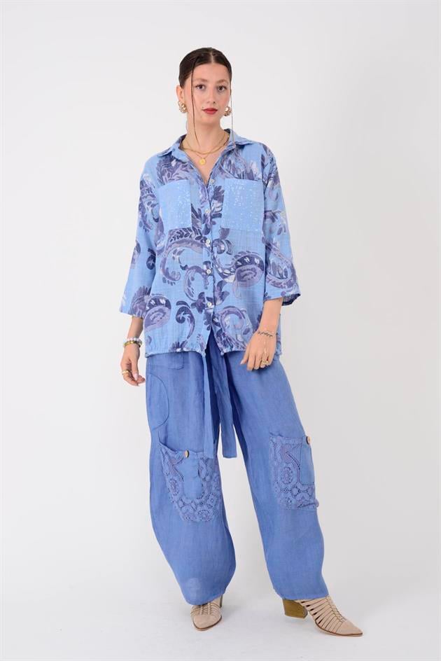 22007-10 BATİK ŞAL DESEN PAYET DETAYLI GÖMLEK