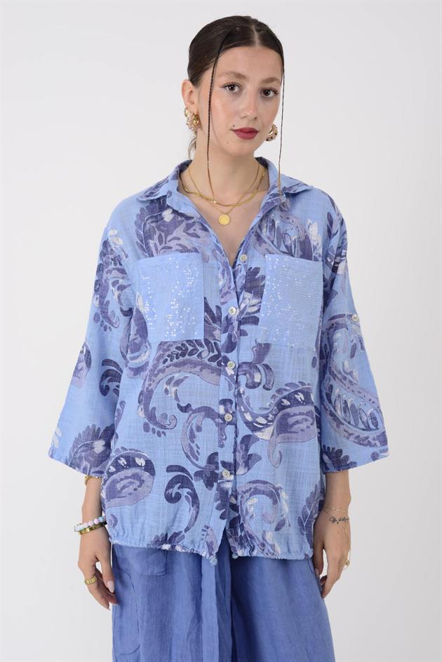 22007-10 BATİK ŞAL DESEN PAYET DETAYLI GÖMLEK