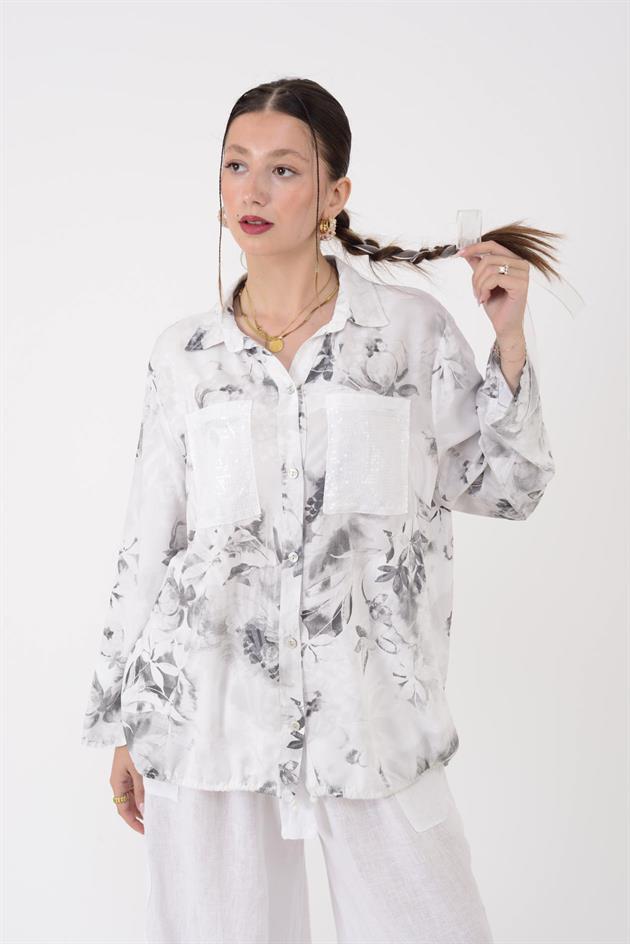 22007-5 OTANTİK DESEN PAYET DETAYLI GÖMLEK