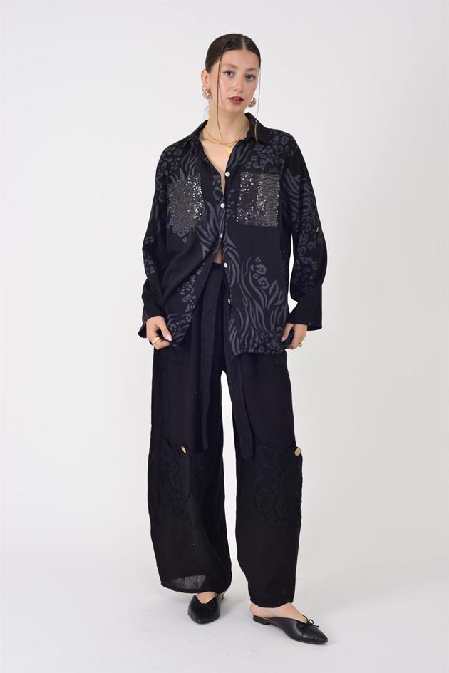 22007-5 OTANTİK DESEN PAYET DETAYLI GÖMLEK