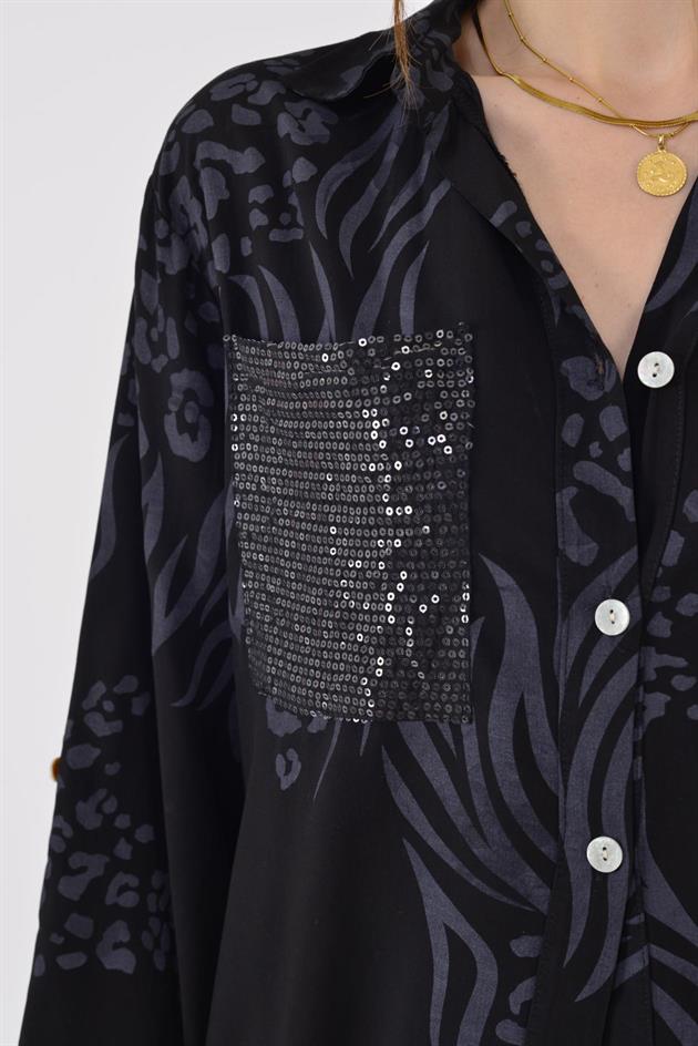 22007-5 OTANTİK DESEN PAYET DETAYLI GÖMLEK