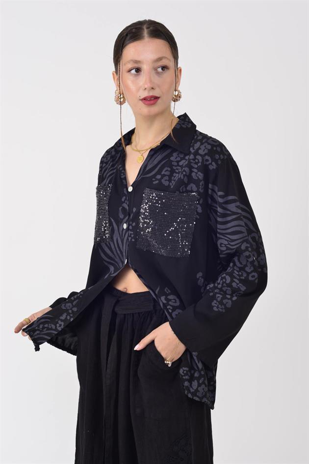 22007-5 OTANTİK DESEN PAYET DETAYLI GÖMLEK